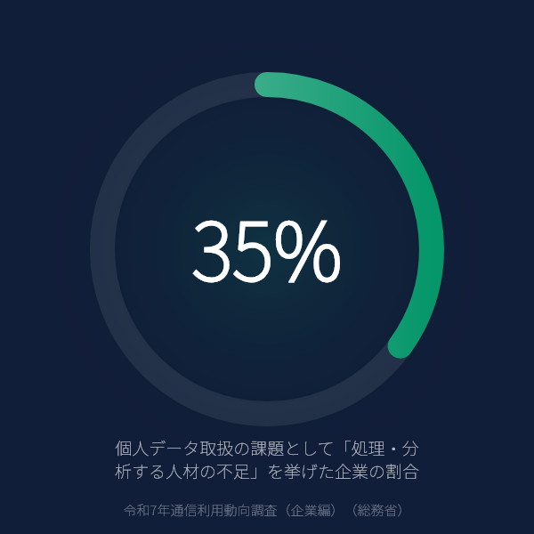 個人データ取扱の課題「処理・分析できる人材が不足している」は35%——データを持っていても使いこなせない企業の現実(総務省 令和7年通信利用動向調査)のグラフ